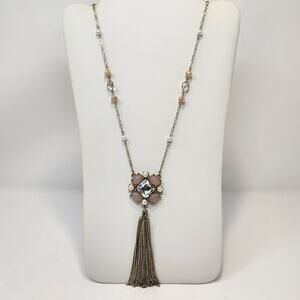 WHBM Pink Clear Rhinestone Metal Tassel Long Necklace Gold Tone Glass Bead